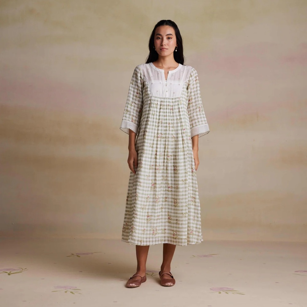 Buna Sweet Serenade Dress XXL Sage Gauze Check Cottagecore Midi Maxi Prairie